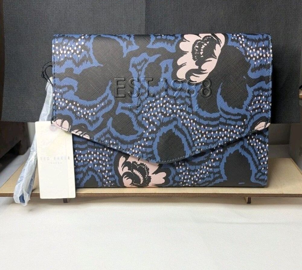 TED BAKER Graphic Floral Pouch Wristlet/Tablet Case 7.5" x 10" Dark Blue, NWT